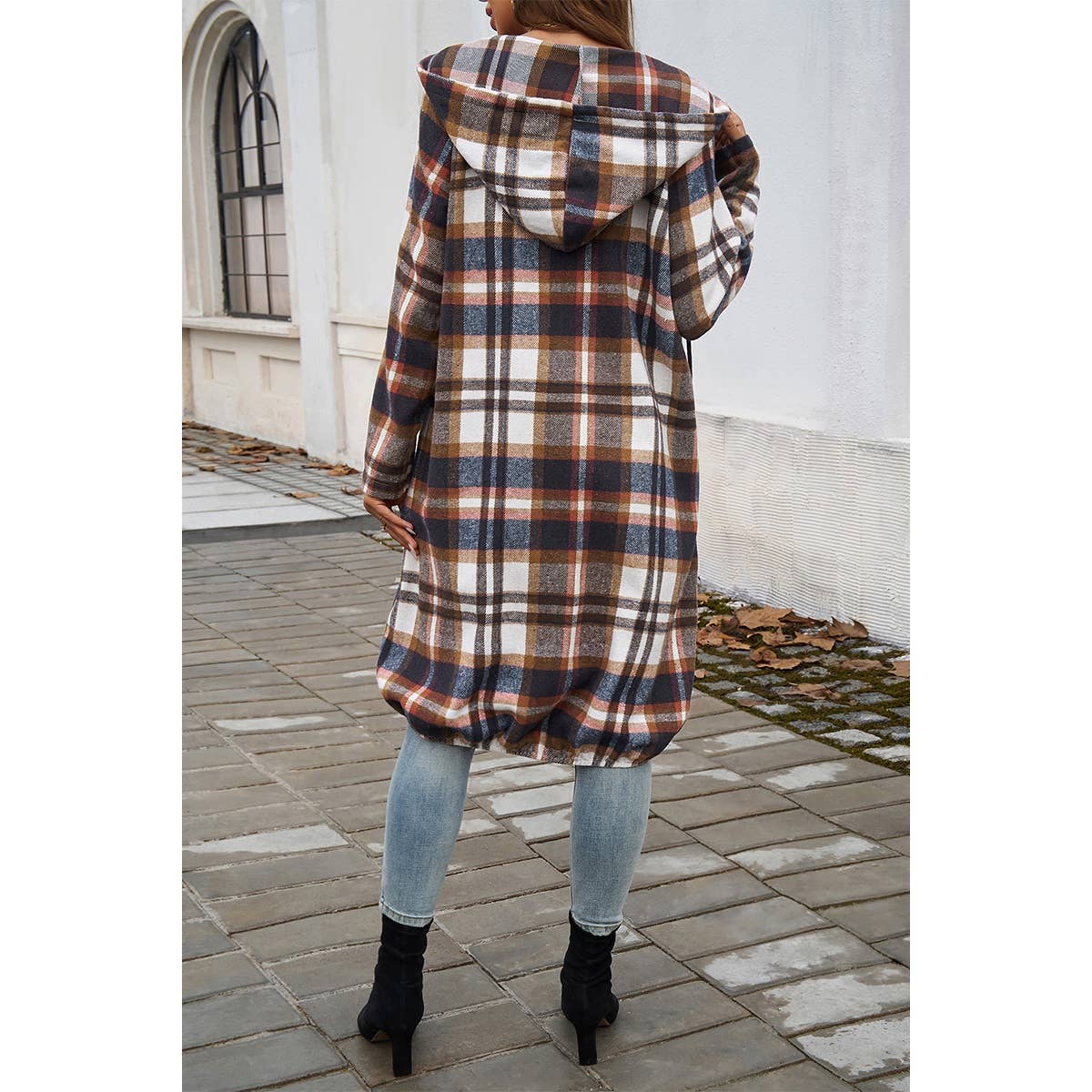 Zip Plaid Hood Long Corduroy Flannel Trench Coat