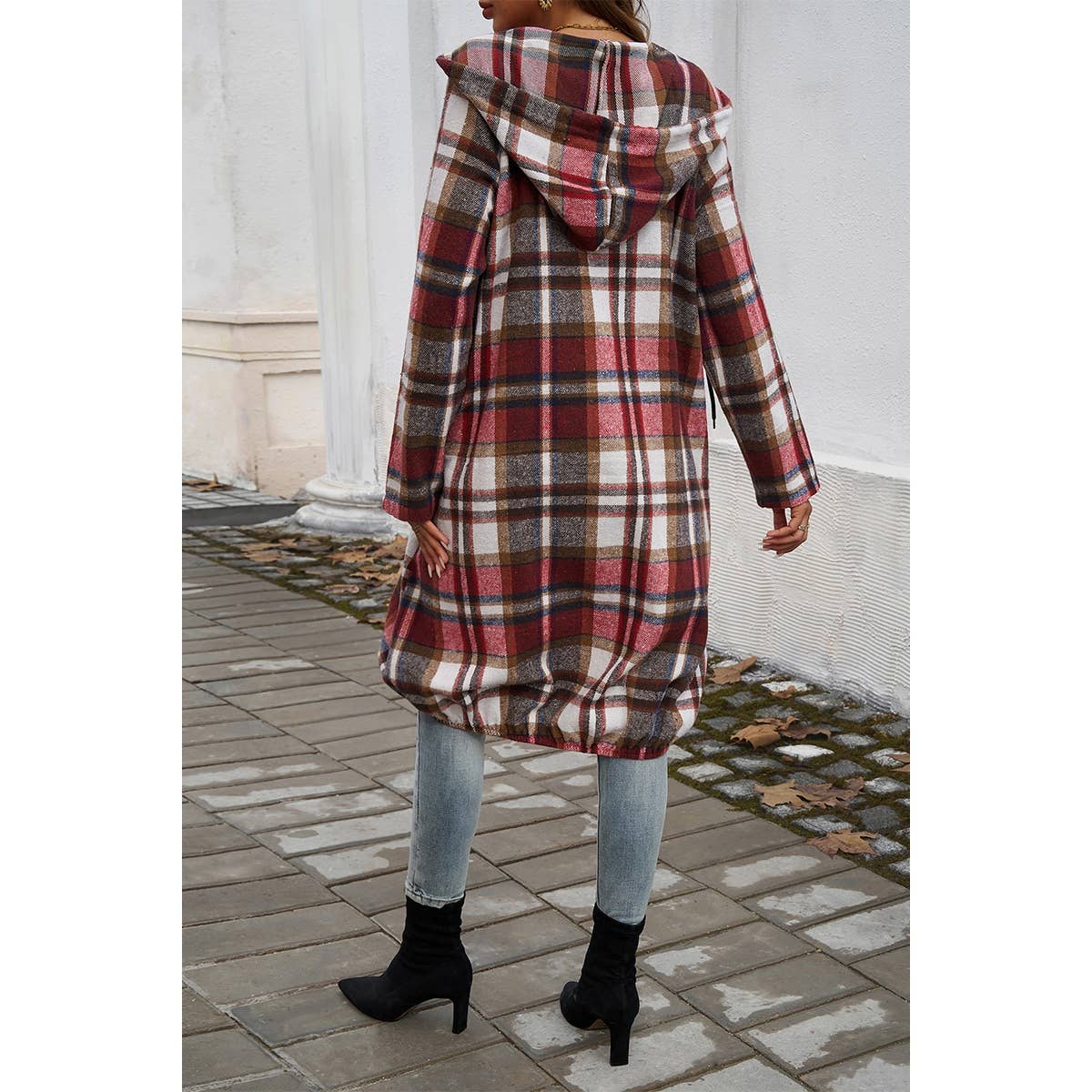 Zip Plaid Hood Long Corduroy Flannel Trench Coat