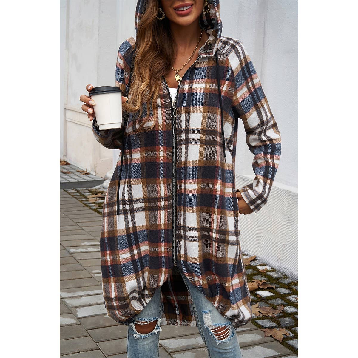 Zip Plaid Hood Long Corduroy Flannel Trench Coat