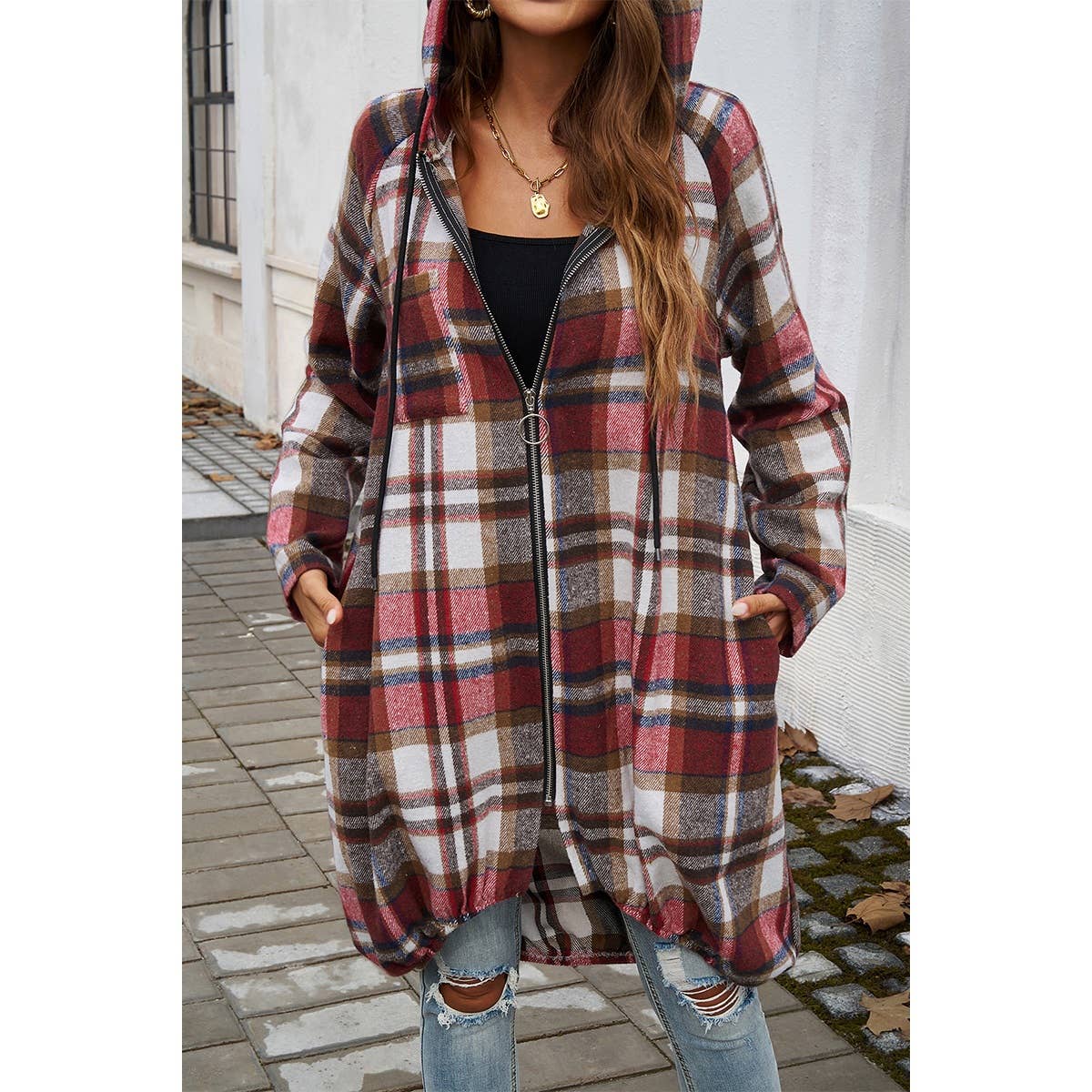 Zip Plaid Hood Long Corduroy Flannel Trench Coat