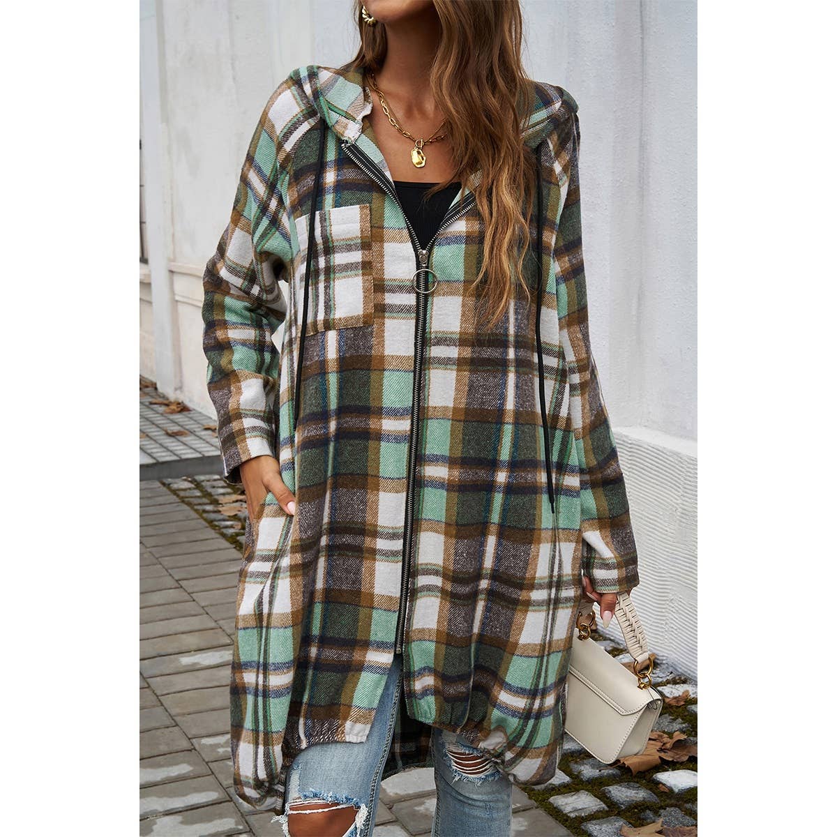 Zip Plaid Hood Long Corduroy Flannel Trench Coat