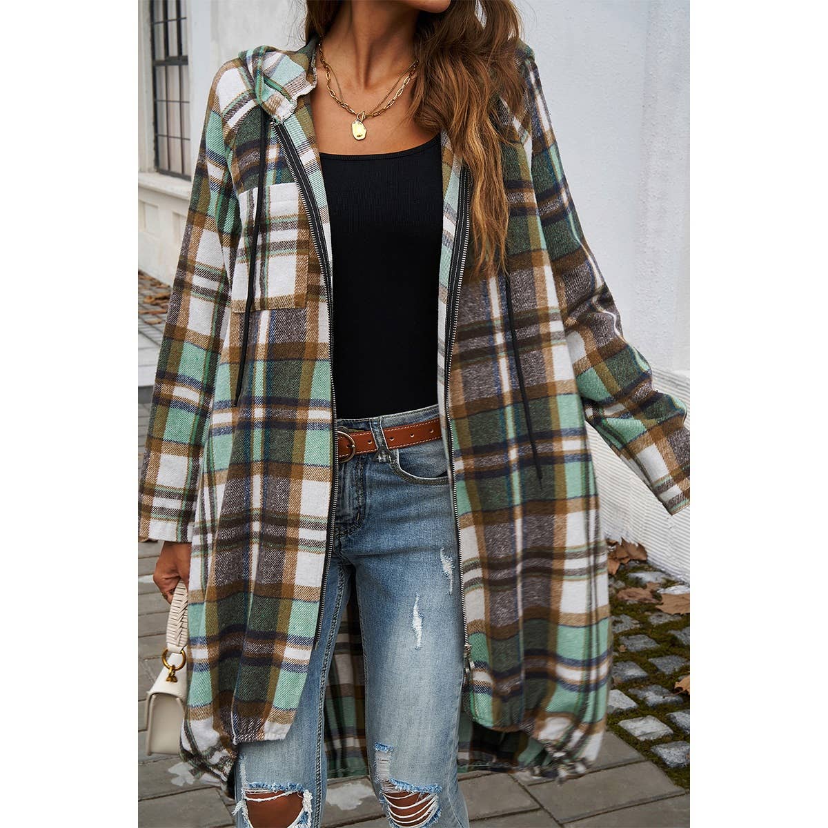 Zip Plaid Hood Long Corduroy Flannel Trench Coat