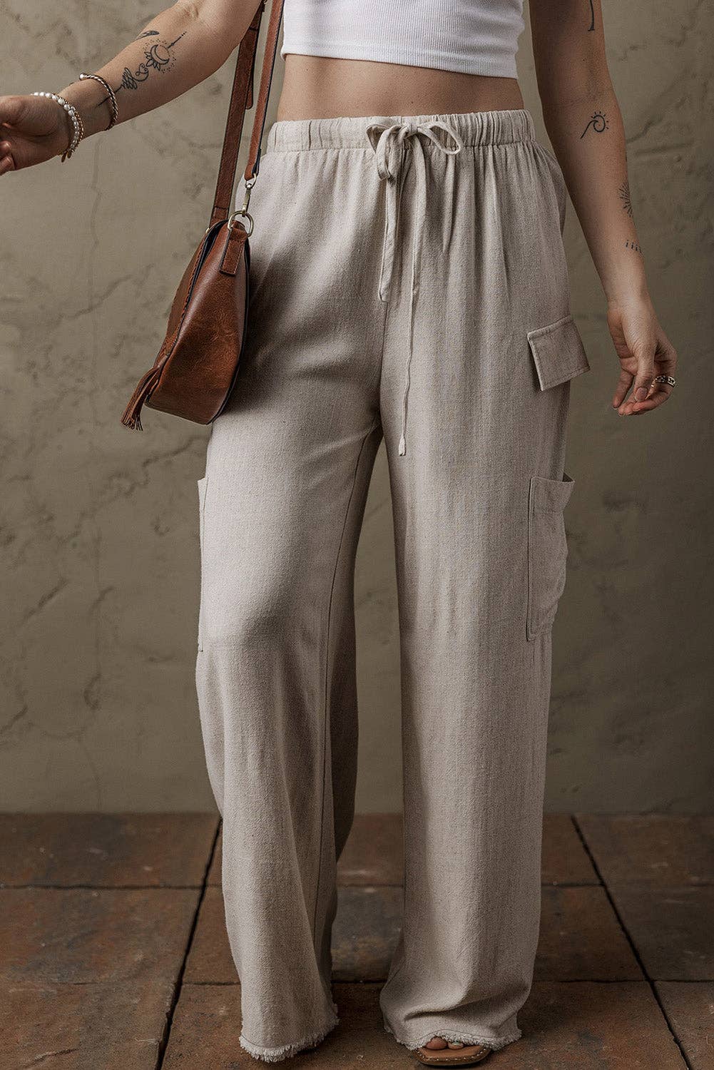 Linen Raw Hem Cargo Pants