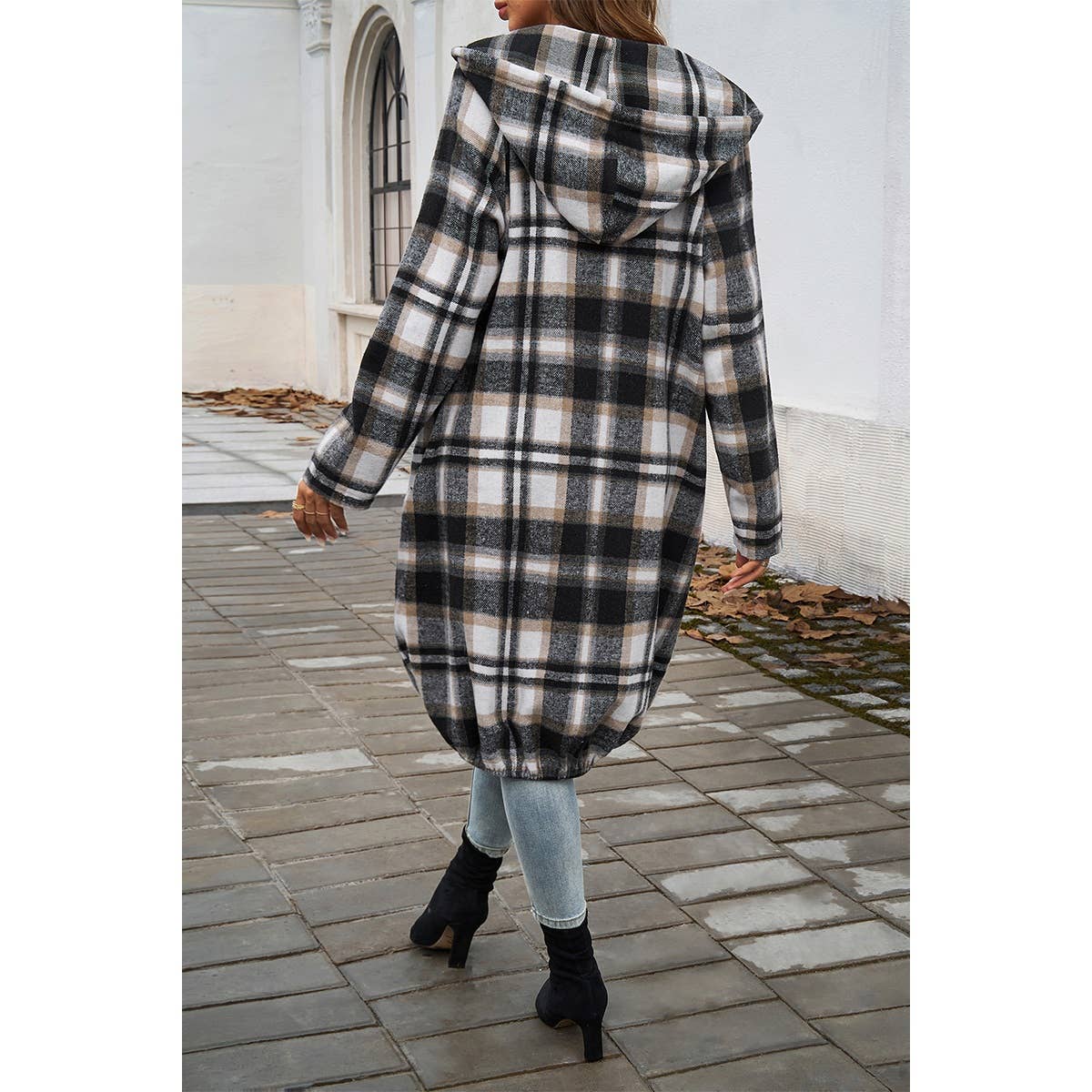 Zip Plaid Hood Long Corduroy Flannel Trench Coat