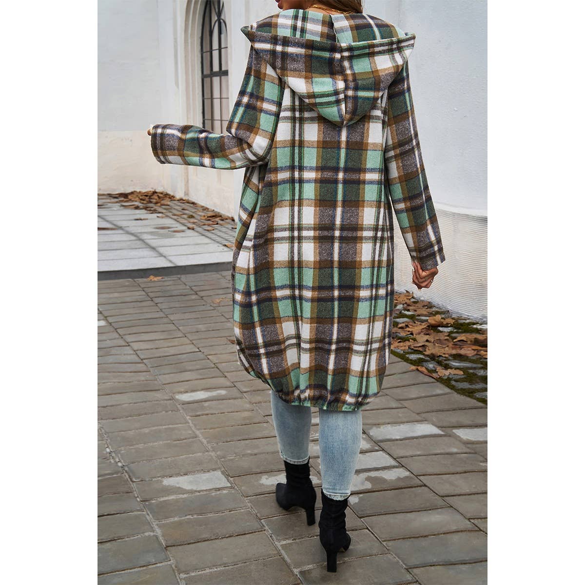 Zip Plaid Hood Long Corduroy Flannel Trench Coat