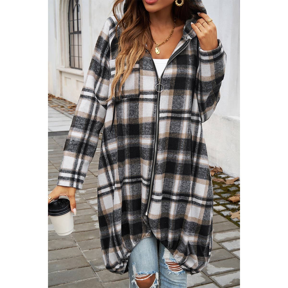Zip Plaid Hood Long Corduroy Flannel Trench Coat