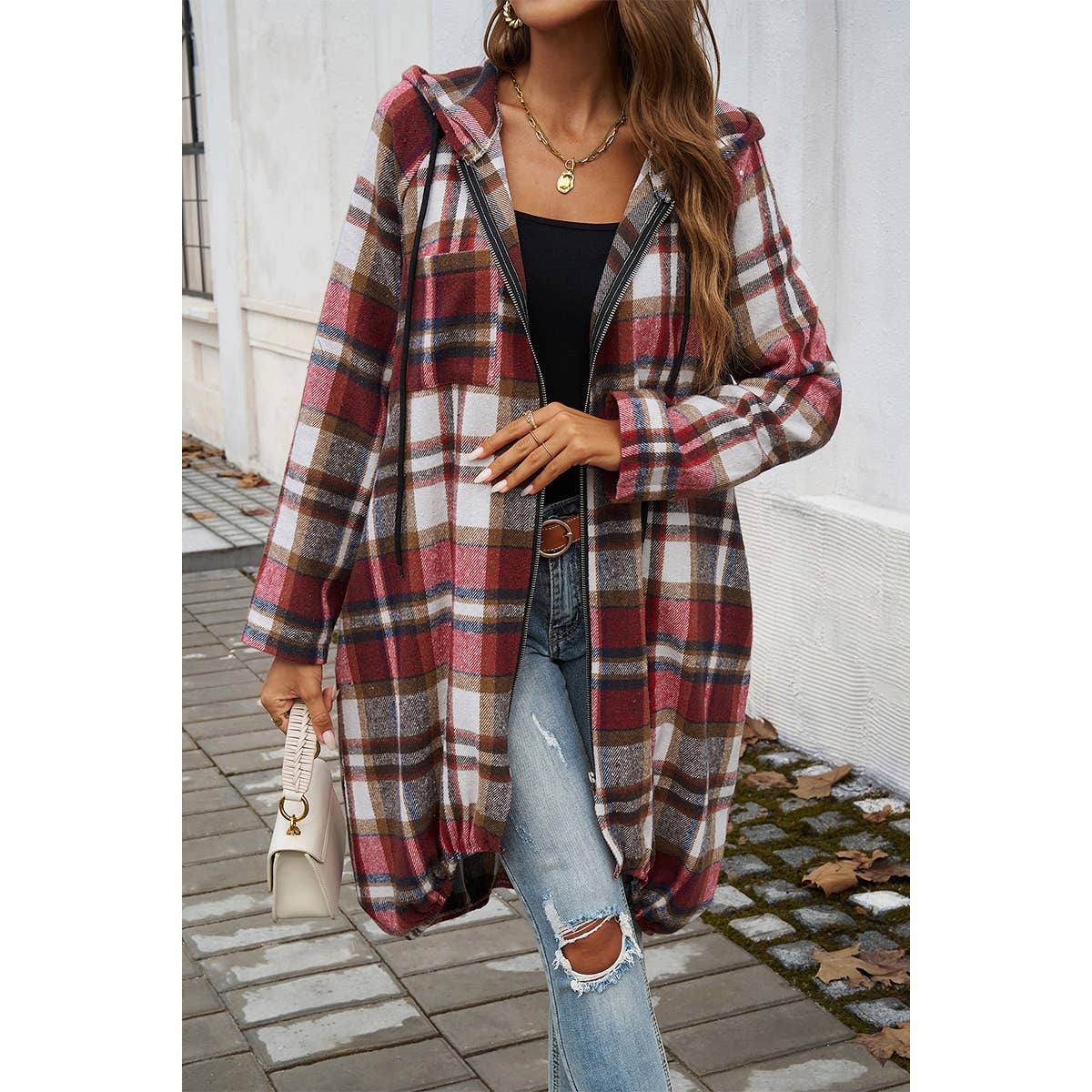 Zip Plaid Hood Long Corduroy Flannel Trench Coat